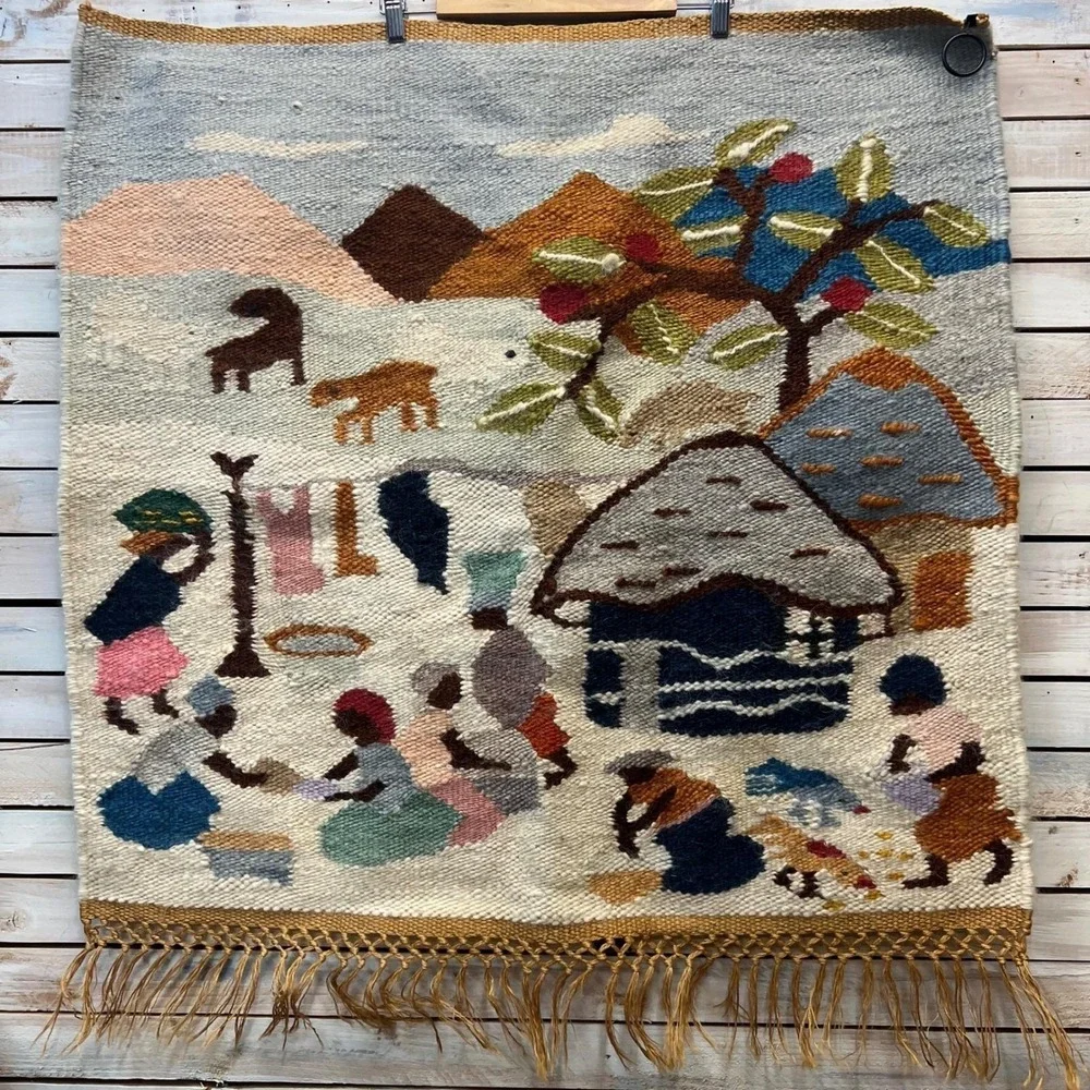 Vintage Afro Weavers Wool Hand Woven Tapestry Village Scene Wall Hanging 95x90